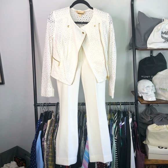 Michael Kors White Eyelet Moto Jacket Pantsuit - Picture 1 of 16